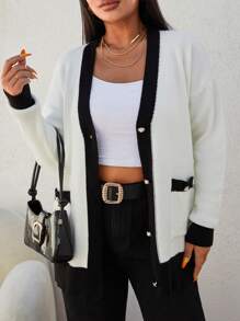 RueChic Plus Contrast Trim Drop Shoulder Pocket Patched Cardigan, For Winter - Black and White - View 1