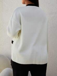 RueChic Plus Contrast Trim Drop Shoulder Pocket Patched Cardigan, For Winter - Black and White - View 2