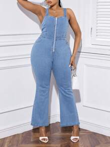 SHEIN Essnce Plus Zip Up Flare Leg Denim Jumpsuit - Medium Wash - View 1