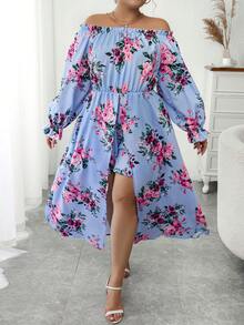 Celure Plus Floral Print Off Shoulder Flounce Sleeve Romper - Blue - View 5