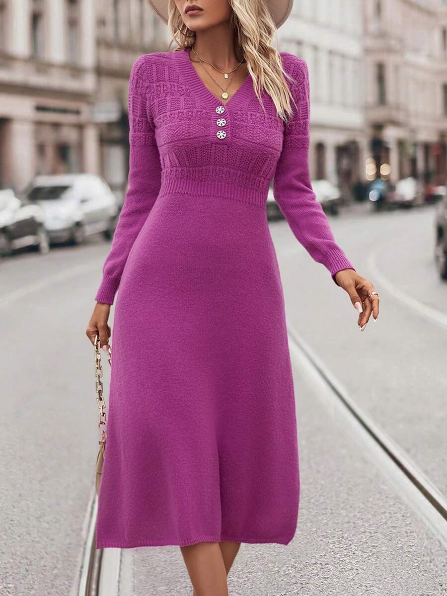 SHEIN Frenchy Solid Button Detail A-line Sweater Dress - Purple - View 1