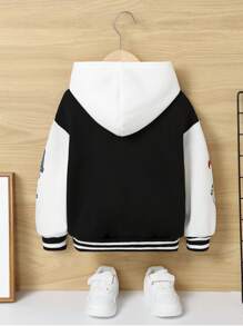 SHEIN Young Boy Letter Graphic Striped Trim Varsity Jacket Without Hoodie - Black - View 7