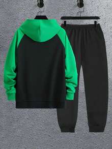 男士小熊印花插肩袖抽繩連帽衫和運動褲 - 綠色 - 查看 2