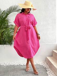 SHEIN LUNE Đầm Maxi Nữ Tay Cánh Dơi Có Túi Nắp Plus Thắt Lưng - Màu Hồng Tươi - Xem 6