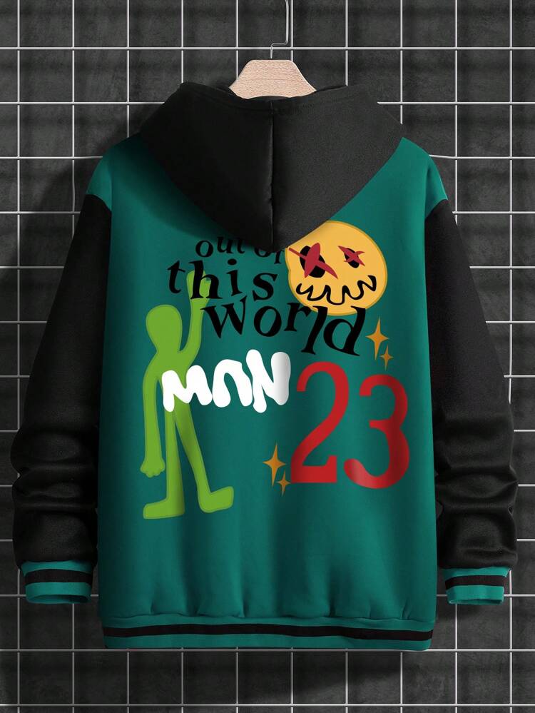 Loose Fit Men's Slogan Graphic Striped Trim Bomber Jacket Without Hoodie