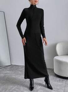 SHEIN Essnce Solid High Neck Tee & Ribbed Skirt - Black - View 4