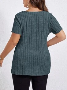 SHEIN Essnce Plus Split Hem Ribbed Knit Tee - Teal Blue - View 2