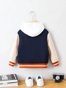 SHEIN 男小童字母貼布條紋飾邊學院風夾克無連帽衫 - 寶藍色 - 查看 2