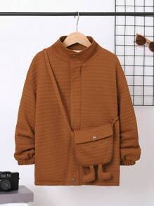 SHEIN Tween Boy Flap Pocket Thermal Lined Coat - Brown - View 7