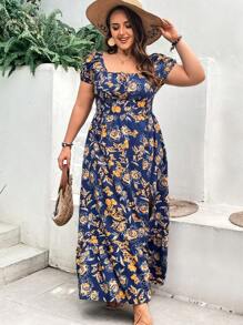 SHEIN VCAY Große Größe Kleid mit Blume Muster, Schlitz, - marineblau - Übersicht 5