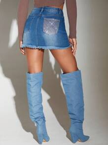 SHEIN BAE Rhinestone Detail Raw Hem Denim Skirt