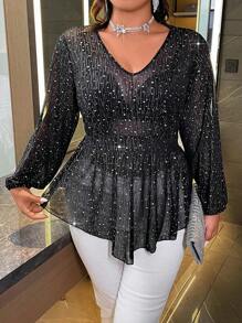 SHEIN Unity Plus Sequin Insert Lantern Sleeve Peplum Mesh Blouse - Black - View 1