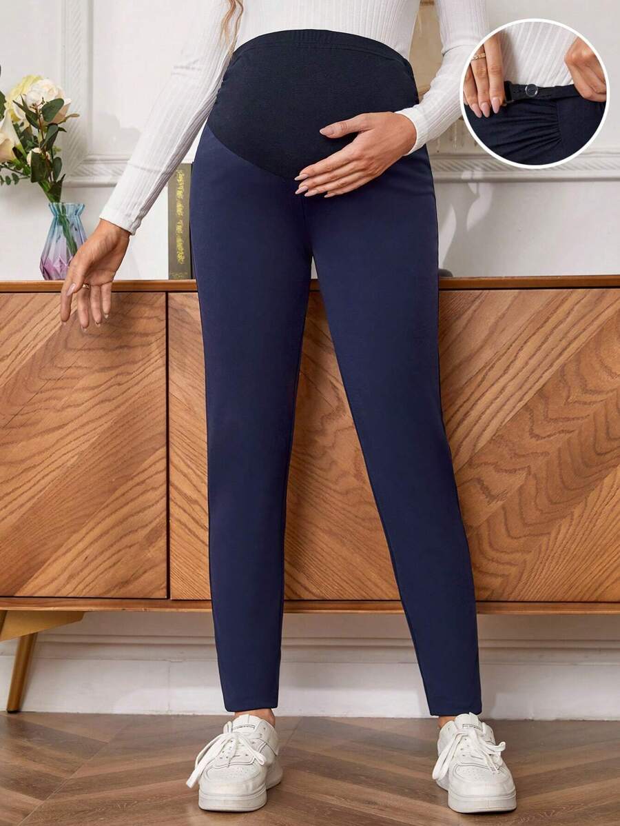 SHEIN Maternidad Pantalones ajustados de cintura ajustable - Azul Marino - Ver 1