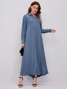 Seusyu Solid Pleated Back Shirt Dress - Dark Wash - View 2