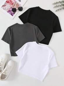 SHEIN Unity 3 件装纯色圆领 T 恤图案 T 恤女式上衣 - 彩色 - 查看 2