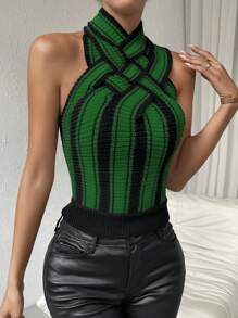 Chiquease Striped Pattern Crisscross Halter Knit Top - Green - View 5