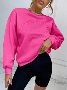 SHEIN LUNE 字母刺繡落肩袖運動衫 - 玫紅色 - 查看 4