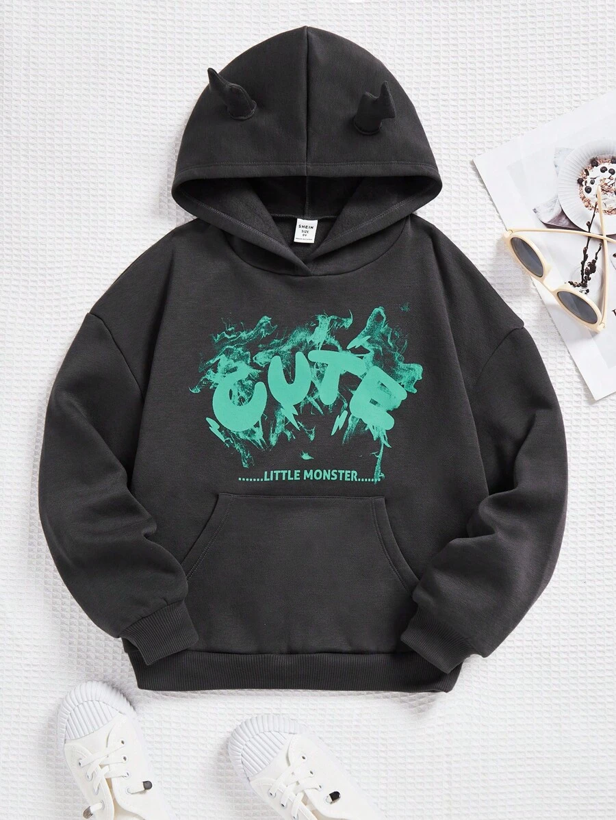 SHEIN 少女字母图案 3D 耳朵设计袋鼠口袋卫衣 - 灰色 - 查看 1