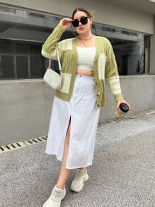 SHEIN Essnce 加兩色絞花針織開衫 - 彩色 - 查看 5