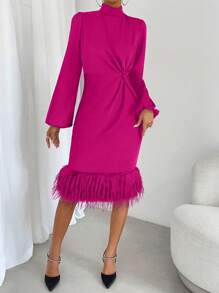 Zolique Twist Front Fuzzy Hem Fitted Dress - Hot Pink - View 4