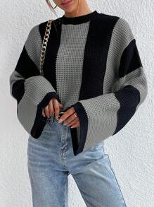 EMERY ROSE Two Tone Drop Shoulder Sweater,Long Sleeve Tops Knit Pullover Fall Winter Sweater - Grey - View 5
