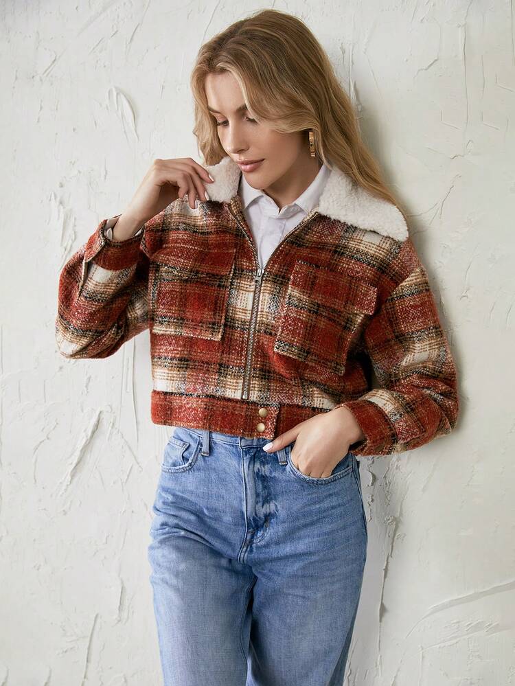 Plaid Print Borg Collar Drop Shoulder Overcoat