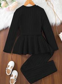 SHEIN Cô gái Tween Chất rắn Peplum Hem Áo thun & quần - màu đen - Xem 2