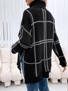 SHEIN Maternity Plaid Pattern Turtleneck Drop Shoulder Sweater, For Winter - Black - View 2