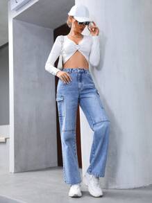 SHEIN Privé 有蓋口袋側工裝牛仔褲 - 藍色 - 查看 3
