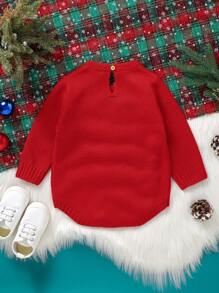 Baby Girl Christmas Elk Pattern Knit Bodysuit - Red - View 2