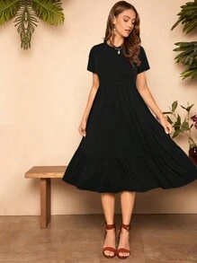 SHEIN LUNE Vestido smock unicolor bajo con fruncido - Negro - Ver 4