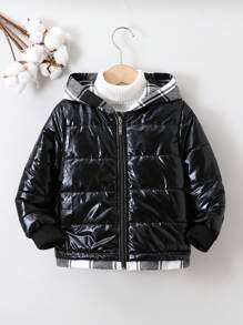 SHEIN Young Boy Plaid Zip Up Hooded Padded Coat Without Sweater