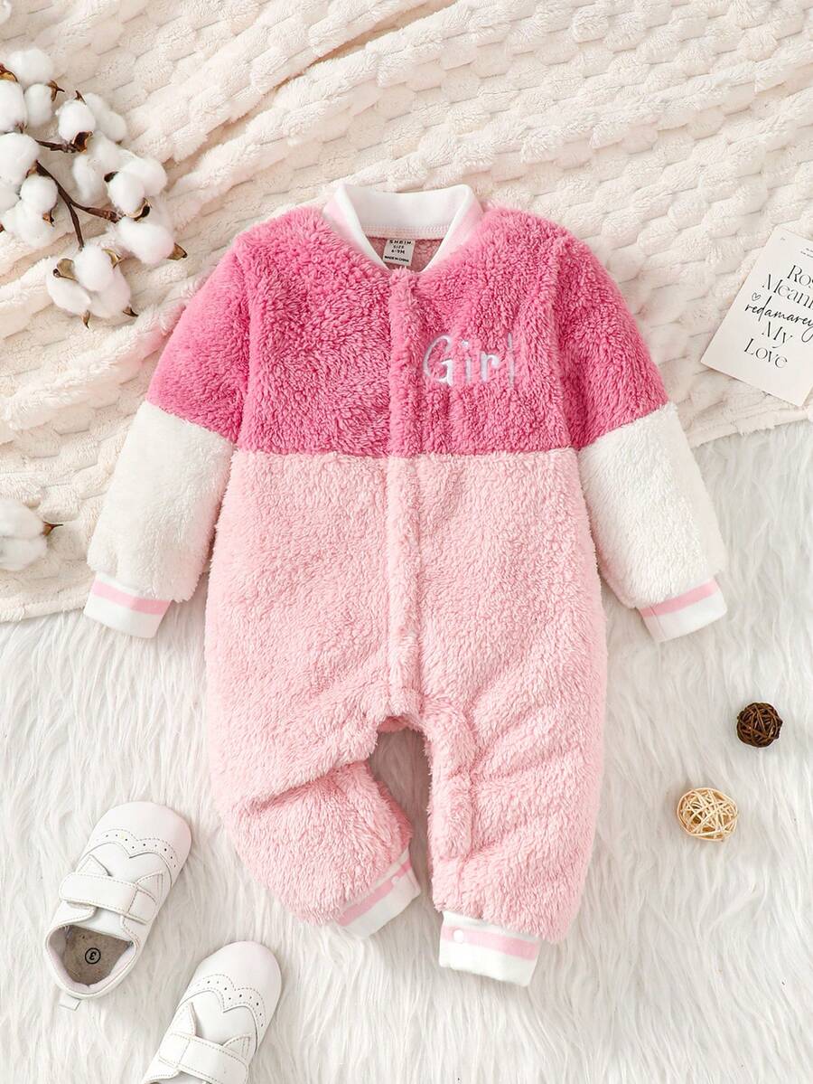 Baby Girl Letter Embroidery Two Tone Teddy Jumpsuit - Multicolor - View 1