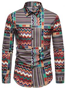 Manfinity Homme Men Print Button Up Graphic Colorful Cowboy Shirt, For Vacation, Husband, For Fall, Long Sleeve Top - Multicolor - View 4