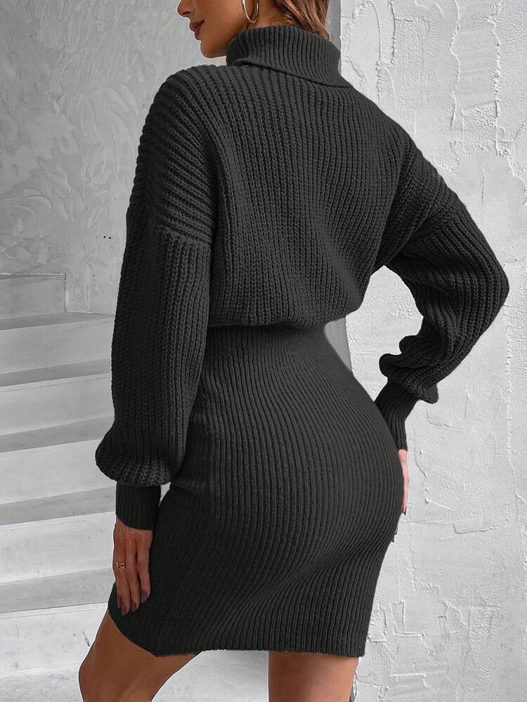 Turtle Neck Drop Shoulder Sweater Dress Fall Winter Cloth For Women