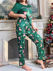 聖誕印花 T 恤和長褲睡衣套裝 - 綠色 - 查看 5