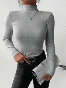 EURMUSE Solid Mock Neck Ribbed Knit Sweater - Light Grey - View 1