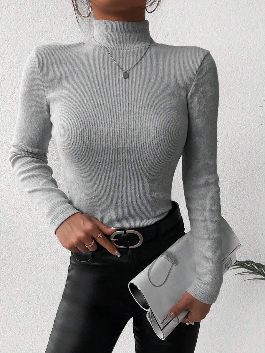 EURMUSE Solid Mock Neck Ribbed Knit Sweater - Light Grey - View 1