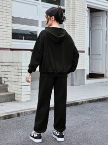 SHEIN Teen Girl Letter Graphic Drop Shoulder Hoodie & Sweatpants - Black - View 2