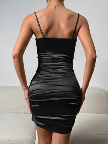 Chiquease Ruched Wrap Satin Cami Bodycon Dress - Black - View 2