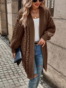 SHEIN LUNE 絞花針織落肩防塵開衫 - 咖啡棕 - 查看 1