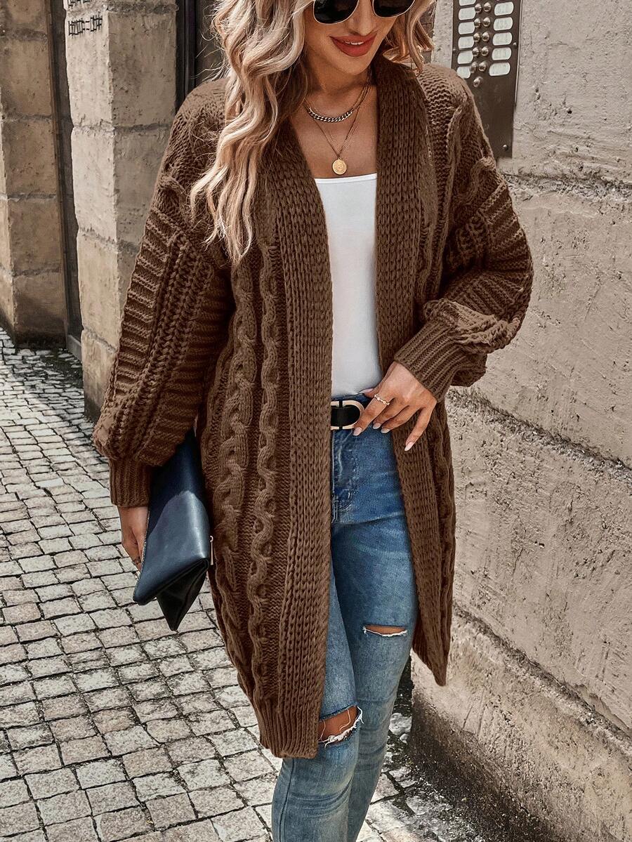 SHEIN LUNE 絞花針織落肩防塵開衫 - 咖啡棕 - 查看 1