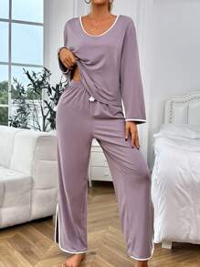 Contrast Binding Top & Split Hem Pants Lounge Set Cozy Outfit, Fall Winter Clothes - Dusty Pink - View 3