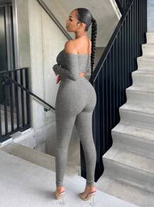 SHEIN SXY Off Shoulder Asymmetrical Hem Crop Top & Leggings - Light Grey - View 2