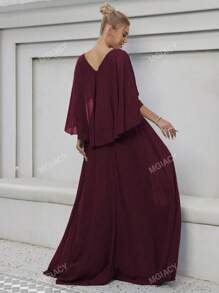 V-Neck Flare Sleeve Sequin & Embroidered Applique Party Dress