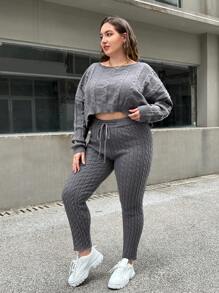 SHEIN Essnce Plus Cable Knit Drop Shoulder Sweater & Knit Pants - Grey - View 5