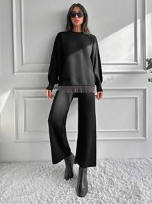EURMUSE Fringe Hem Drop Shoulder Sweater & Knit Pants - Black - View 4