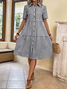 EMERY ROSE Gingham Print Button Front Ruffle Hem Smock Dress - Black and White - View 6