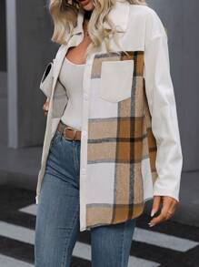 SHEIN Frenchy Plaid Print Drop Shoulder Pocket Patched Button Front Coat - Multicolor - View 6