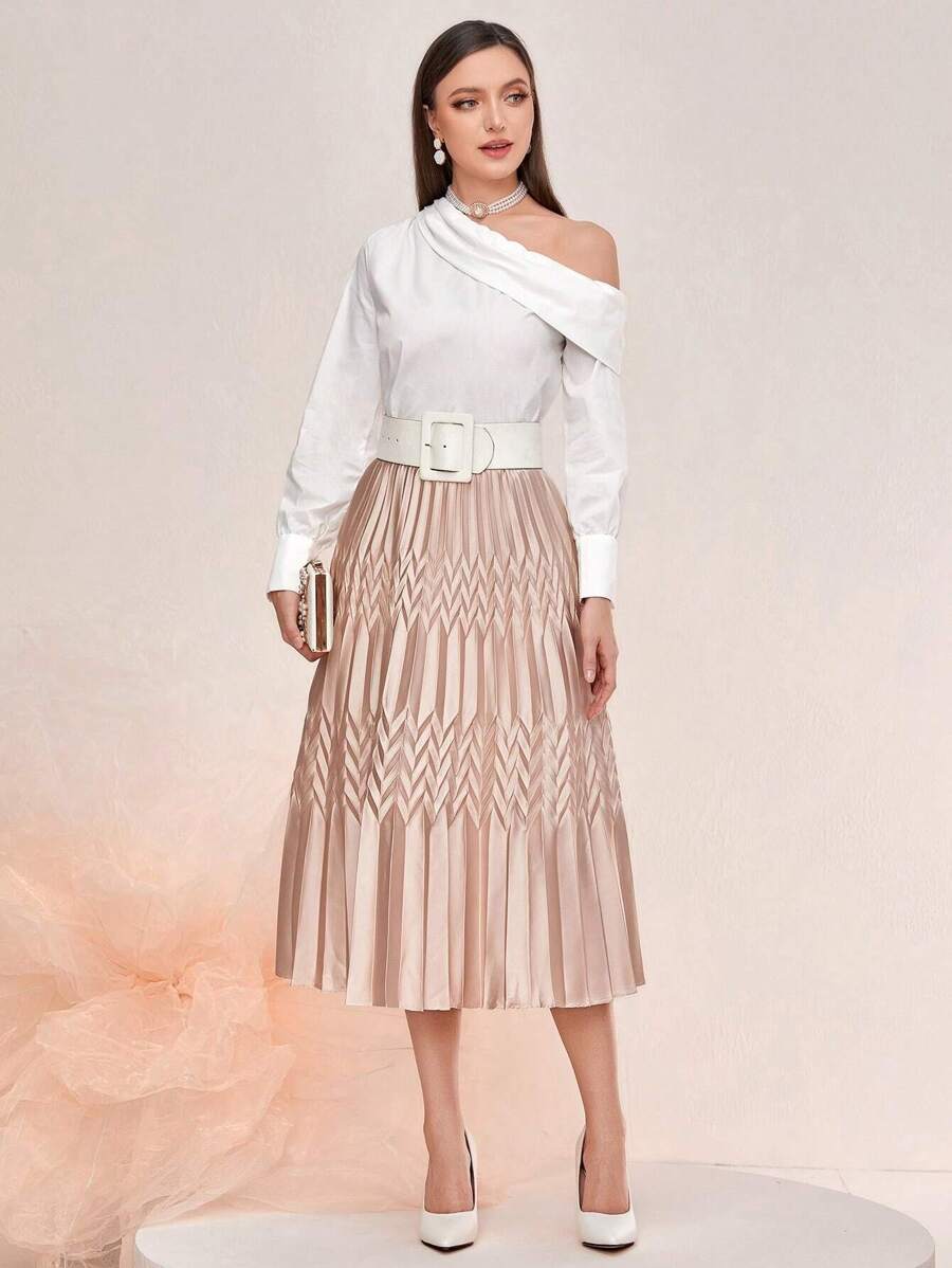 Modelyn Asymmetrical Neck Blouse Without Belt - White - View 1